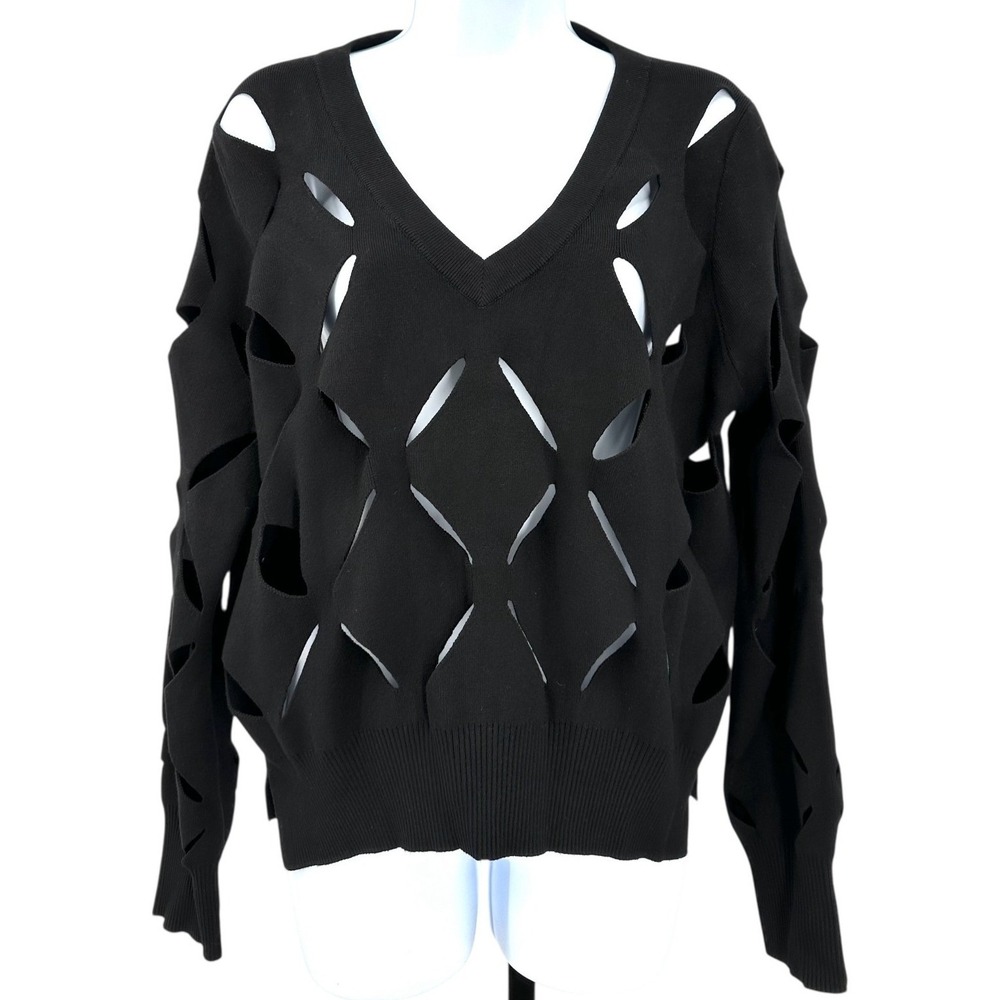 BAILEY 44 Black Cut-Out Design Long Sleeve V-Neck Knit Sweater Women's Medium